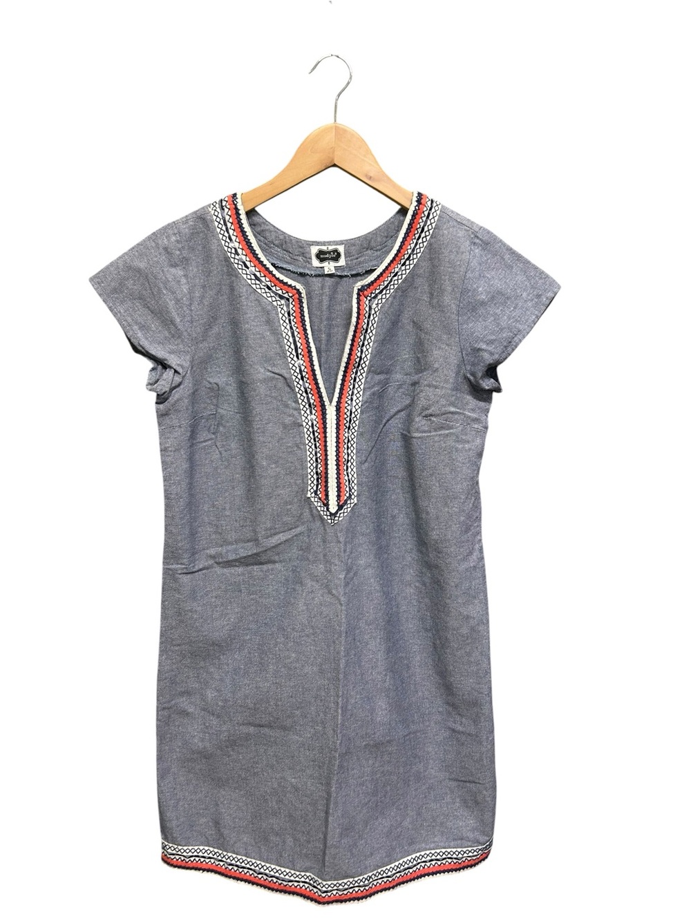 Mud Pie Blue Chambray Embroidered Sequin Trim Shift Dress Size S